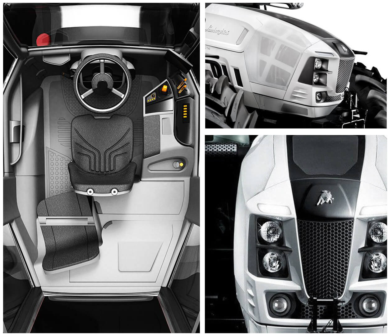 A collage featuring three images of a modern tractor. Left: The interior cabin with a steering wheel and seat. Top right: The front and side view showing the brand logo. Bottom right: A frontal close-up highlighting the headlights and grille.