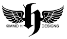A stylized logo featuring the letter "H" with wings extending from both sides. Below the wings, the text reads "Kimmo H. Designs." The design is in black and white.