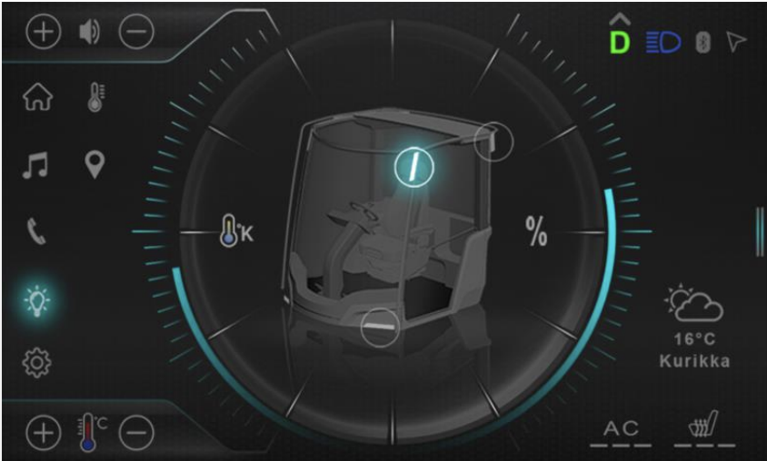 Digital vehicle dashboard display showing climate control settings, temperature (16°C in Kurikka), icons for air conditioning, defrost, and lights, with a central image of the vehicle cabin and adjustment indicators.