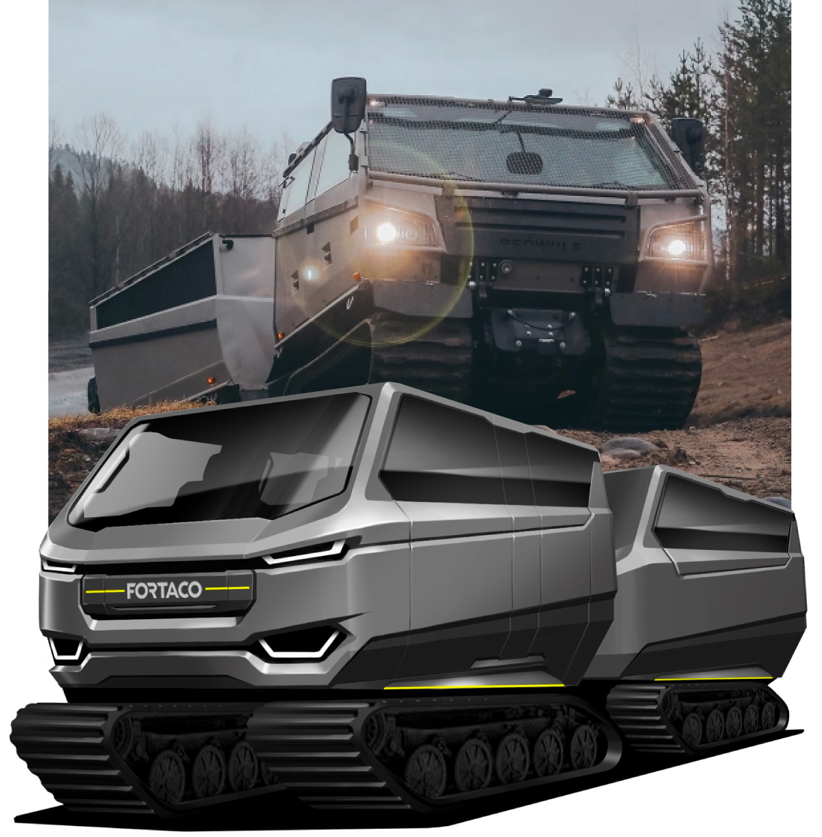 A tracked, all-terrain vehicle with a rugged, modern design is shown outdoors on muddy terrain. Below, a digital illustration of the same vehicle, labeled "FORTACO," highlights its sleek, futuristic features.