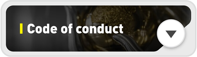 A rectangular button with the text "Code of conduct" in bold white letters on a dark background, a small yellow vertical line to the left, and a white downward arrow on the right side.