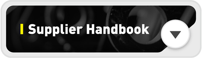 A rectangular button with the text "Supplier Handbook" in bold white letters on a dark background, a small yellow vertical line to the left, and a downward-facing arrow on the right.