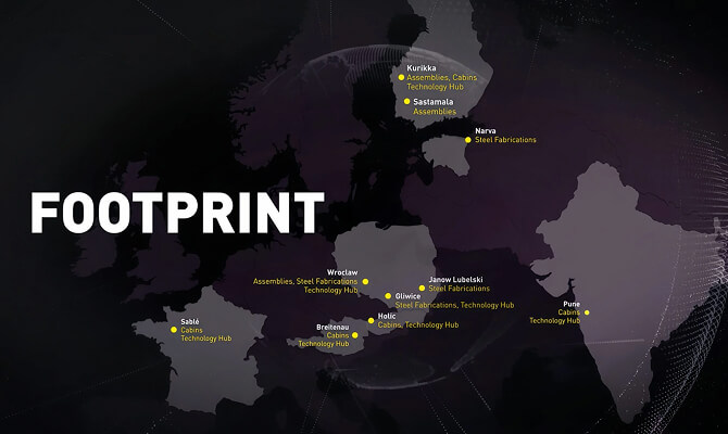 Map showing locations across Europe and India labeled as assemblies, steel fabrications, cabling, or technology hubs, with the word "FOOTPRINT" in bold white text on the left side.