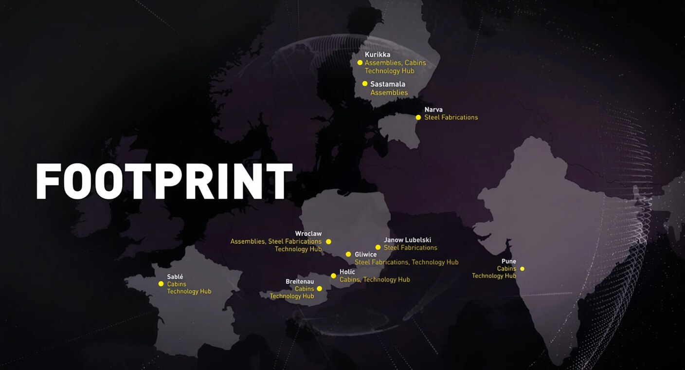 Map of Europe showing various technology hubs and manufacturing sites marked with yellow dots and labels, with the word "FOOTPRINT" in bold white letters on the left side of the image.