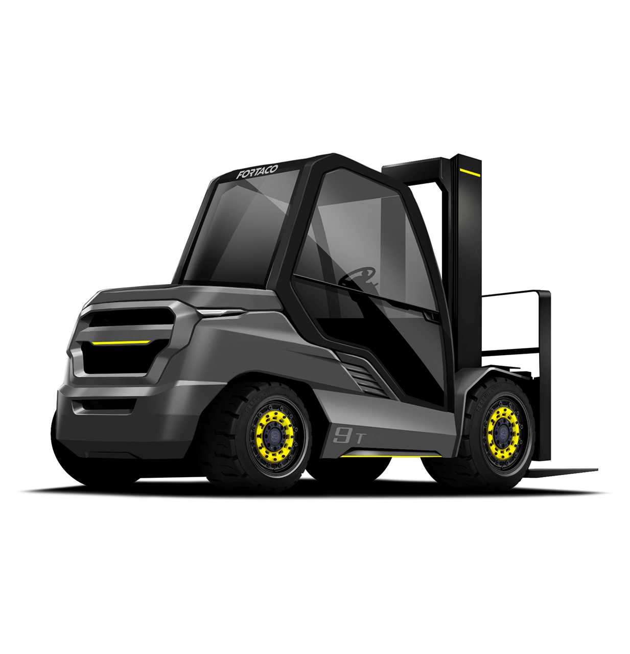 A modern, black and yellow forklift with large wheels and tinted windows, viewed from the front side angle on a white background. The design is sleek and futuristic, with "9T" marked on the side.