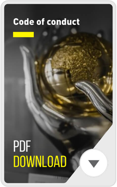 A silver hand holding a golden globe with the text "Code of conduct" at the top and "PDF Download" at the bottom, featuring a downward arrow icon.