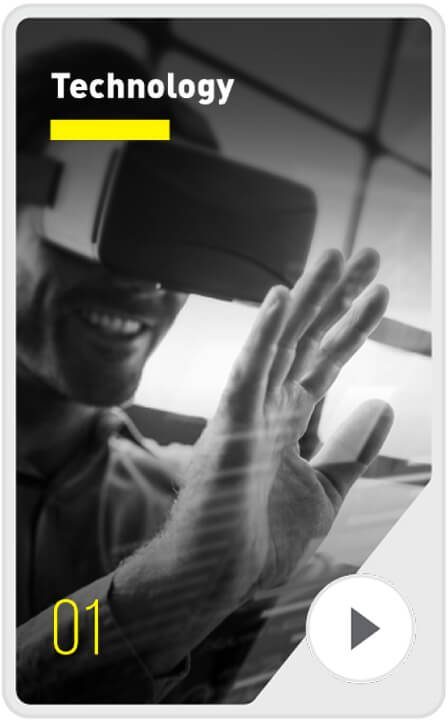 A person wearing virtual reality goggles smiles and raises a hand, with the word "Technology" at the top, a yellow bar below it, the number "01" at the bottom left, and a play button at the bottom right.